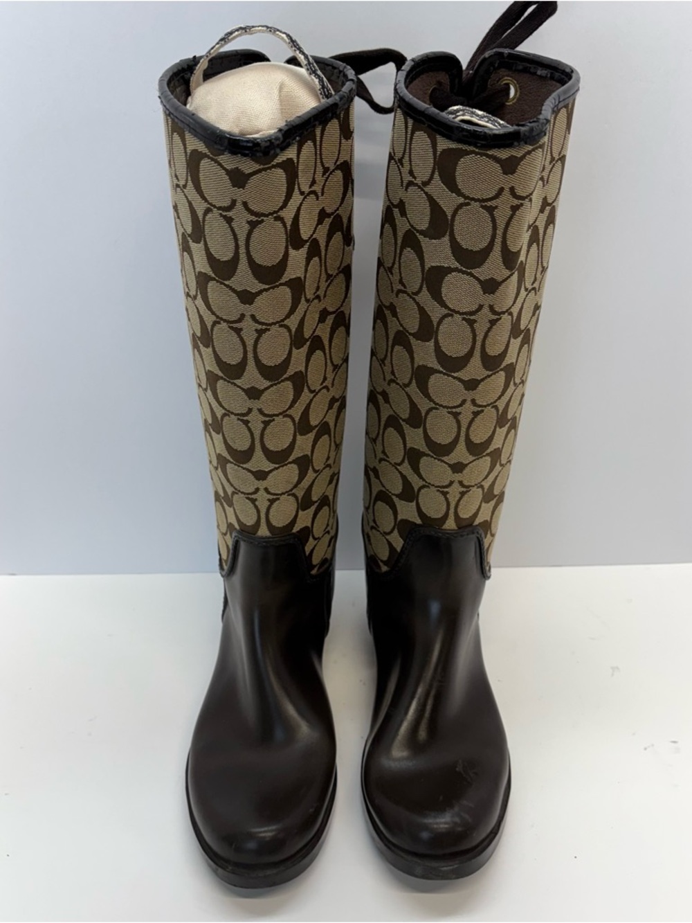 Coach Tristee Tall Rain Boot Brown Signature Jacquard Equestrian Corset Lace 8 B - Picture 2 of 11